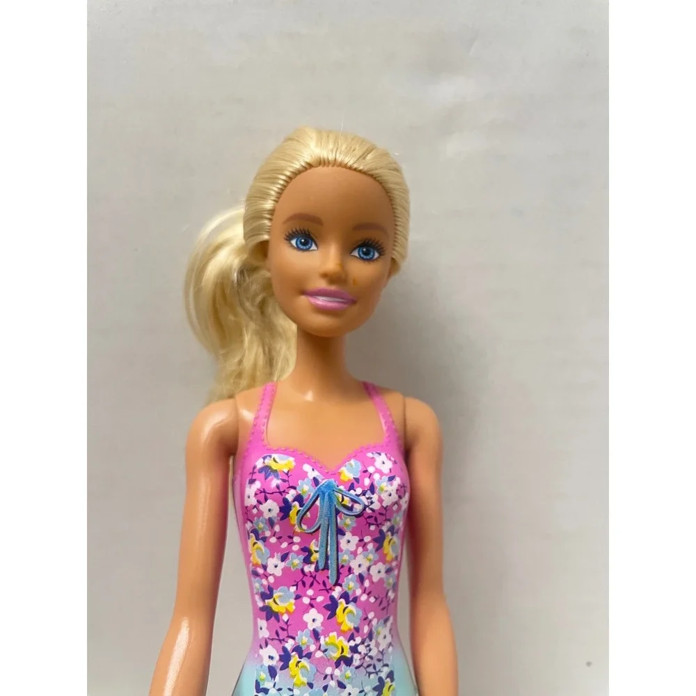 Mattel Barbie Doll 2019 Molded Pink Floral Swimsuit Blonde Hair Blue Eyes 11.5in